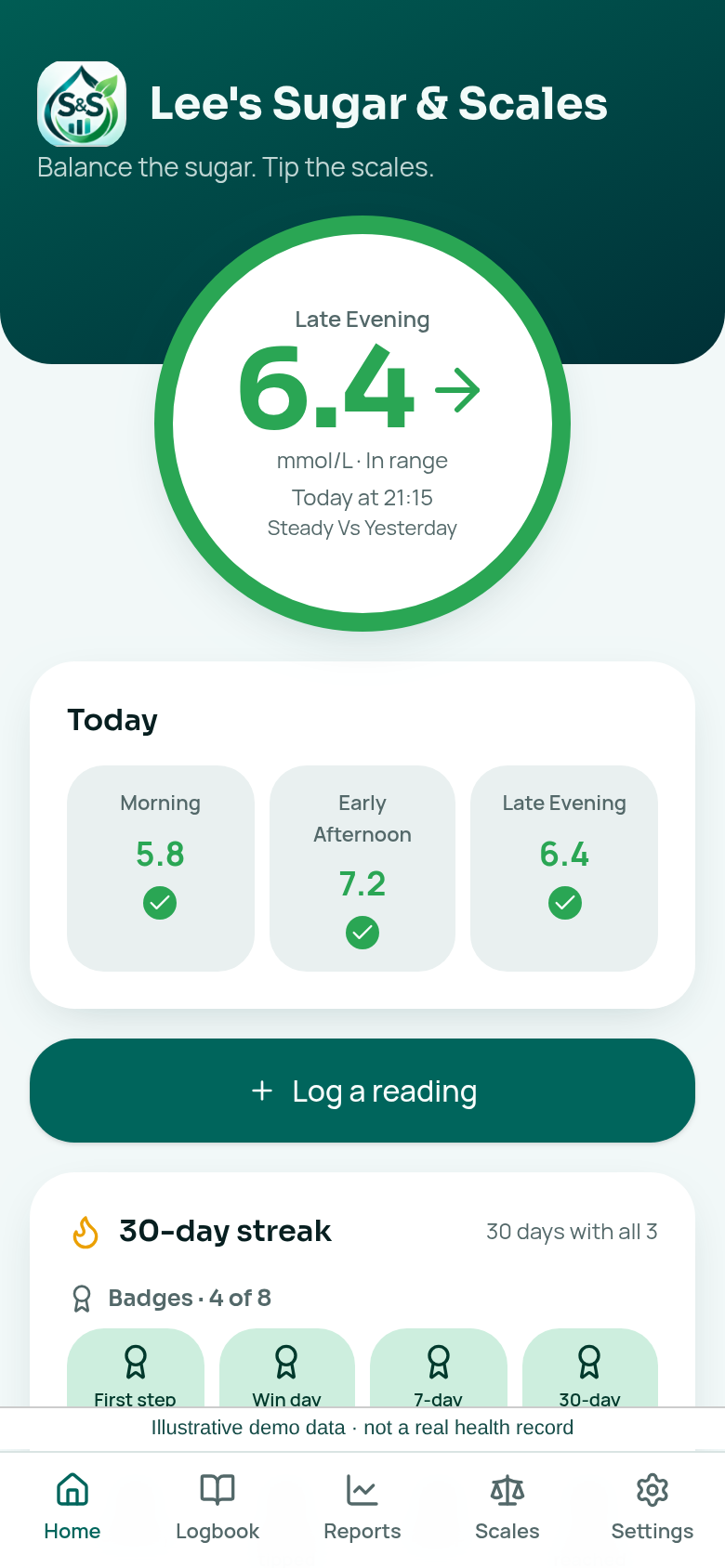 Home: genuine app screenshot with illustrative demo data